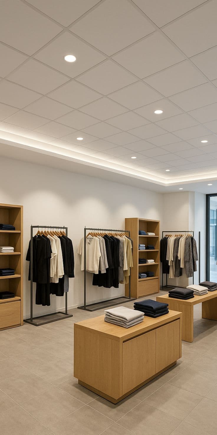 Grid false ceiling with tegular tiles and cove lighting in a retail store, Chandigarh
